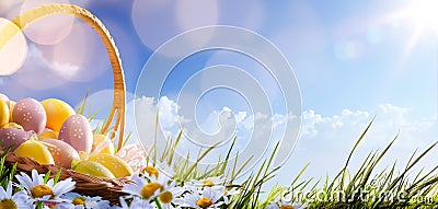 Colorful Easter eggs with flowers in the grass on blue Stock Photo