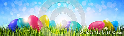 Colorful Easter Eggs On Green Grass Over Blue Bokeh Background Horizontal Banner Vector Illustration