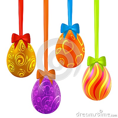 Colorful easter eggs hanging on ribbons with bows Vector Illustration