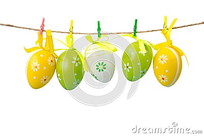 Colorful easter eggs hanging on a rope, isolated on white background Stock Photo