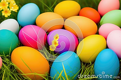 Colorful Easter eggs for holiday celebration, generative ai, pastelle color background Stock Photo