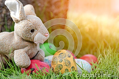 Colorful Easter eggs and little bunny in grass background. Spring holidays concept Stock Photo