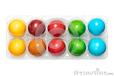 Colorful Easter eggs, colored Paschal eggs in a clear plastic egg box Stock Photo