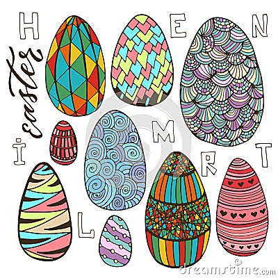 Colorful Easter eggs set in doodle style. Holiday collection for greeting card design. Vector illustration Vector Illustration