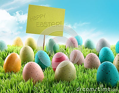 Colorful Easter eggs with sign in a field Stock Photo