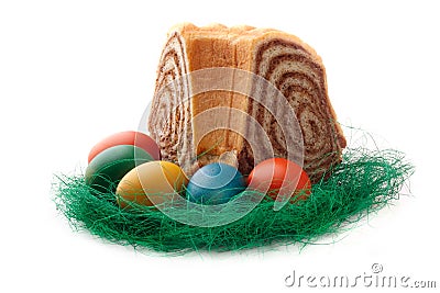 Colorful Easter Eggs with a slovene cake potica Stock Photo