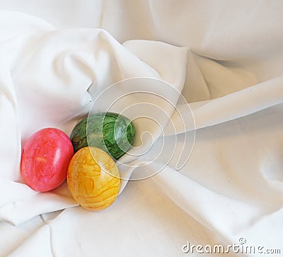 Colorful Easter eggs at soft satin Stock Photo