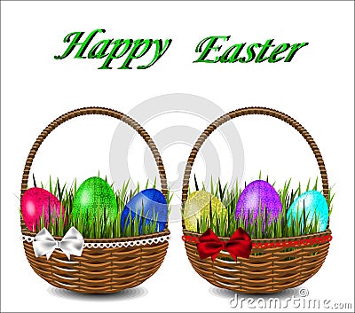 Colorful Easter eggs in a wicker basket with a bow. Vector Illustration