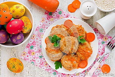 Colorful Easter food background dietary rabbit meat cutlets with Stock Photo