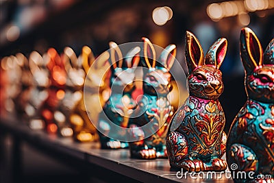 Colorful Easter Market. Ceramic Hares with Vibrant ornaments painted on them and Flickering Lights Stock Photo