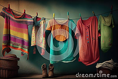 a colorful and eclectic collection of clothes hanging on the line Stock Photo