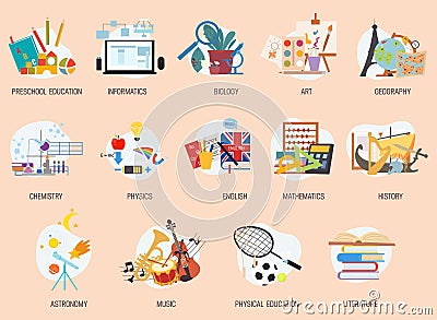 Colorful education icons of school lesson subjects Vector Illustration