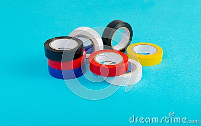 Electrical Tape Isolated, Plastic Duct Tape Rolls, Colored Adhesive Tapes on White Background Stock Photo