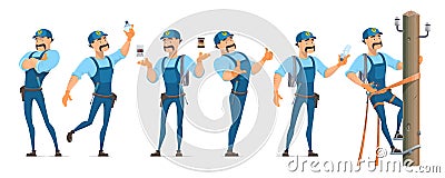 Colorful electrician characters set in different poses with professional equipment and master working on power pole isolated Vector Illustration