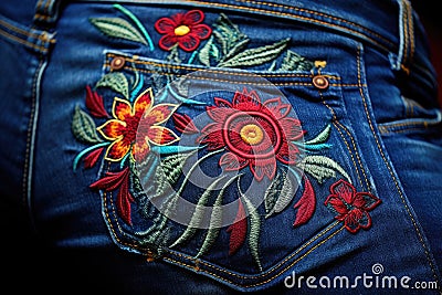 Colorful embroidery on the back pocket of blue jeans, Embroidery floral abstract fantasy design luxury denim blue jeans, AI Stock Photo