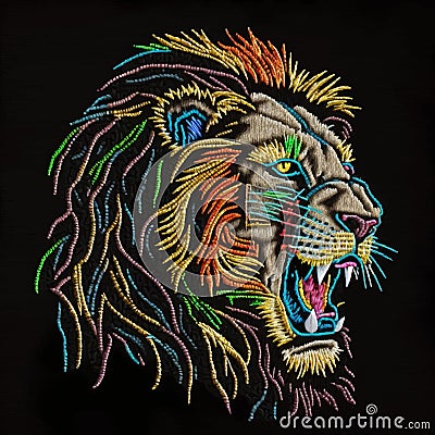 Colorful embroidery majestic lion head pattern background illustration. Tapestry multicolored stitch lines lion design. Bright Vector Illustration