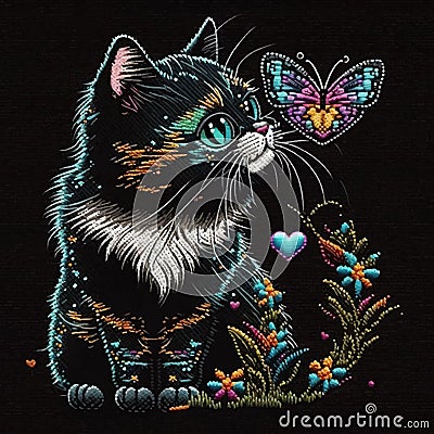 Colorful embroidery textured cat with love heart and butterfly. Bright tapestry kitten with blue eyes. Embroidered vector Vector Illustration