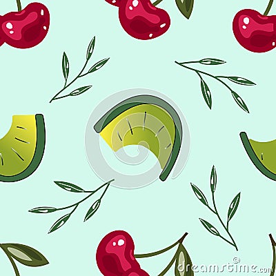 Cute patterns with juicy cherries, green branches and lime slices. Colorful endless background for decoration. Bright Vector Illustration