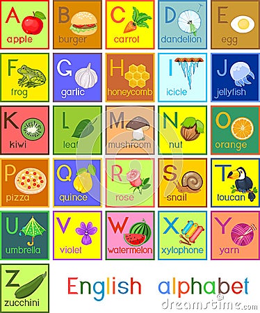 Colorful English alphabet with pictures and titles for children education Stock Photo