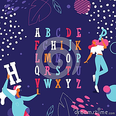 Colorful english alphabet with dancing girls. Capital latin letters drawn with bright colors Stock Photo