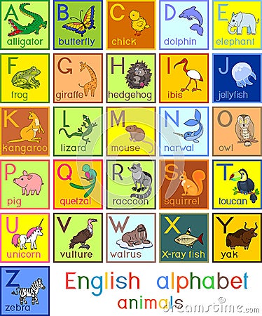 Colorful english alphabet with pictures of cartoon animals and titles for children education Stock Photo