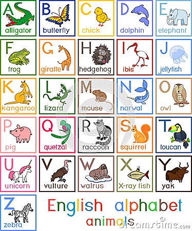 Colorful english alphabet with pictures of cartoon animals and titles for children education Stock Photo