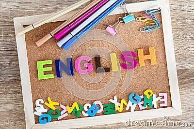 Colorful ENGLISH word alphabet on a pin board background ,English language learning concept Stock Photo