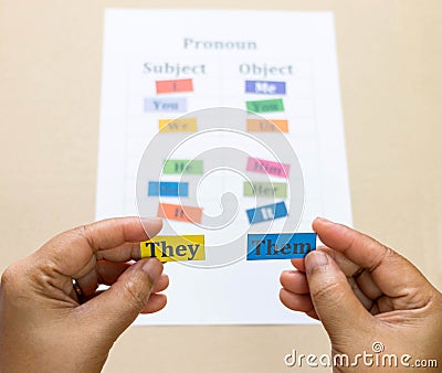 Colorful english word cards in hands Stock Photo