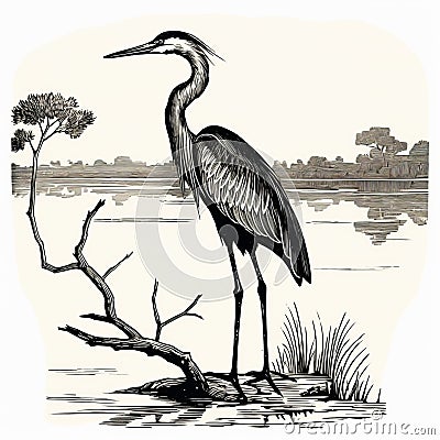 Colorful Engraving: Heron By The Water In Australian Landscape Cartoon Illustration