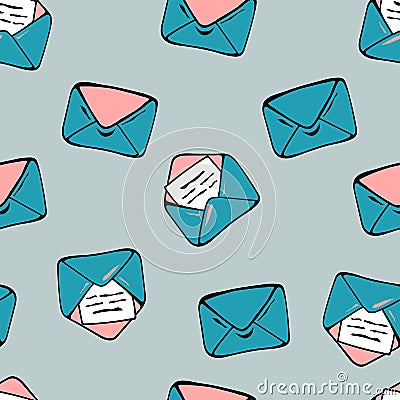 Colorful envelopes seamless pattern. It can be printed on cards, packaging, fabrics, invitations, wallpapers or used for Vector Illustration
