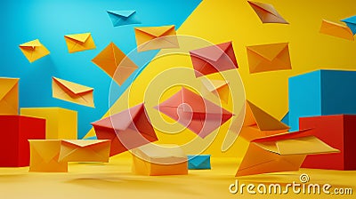 Colorful envelopes in various shapes float on gradient background, showcasing minimalist design Stock Photo