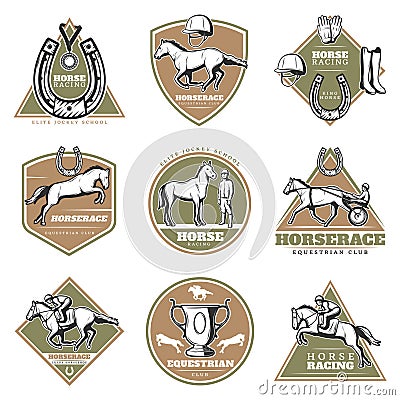 Colorful Equestrian Sport Labels Set Vector Illustration