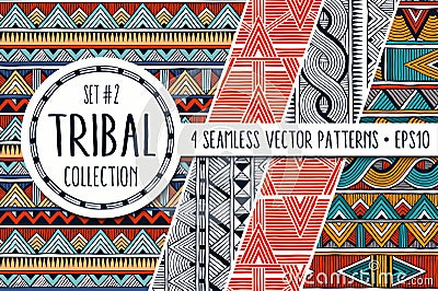 Colorful ethnic patterns collection. Set of 4 modern abstract seamless ornaments. Vector Illustration