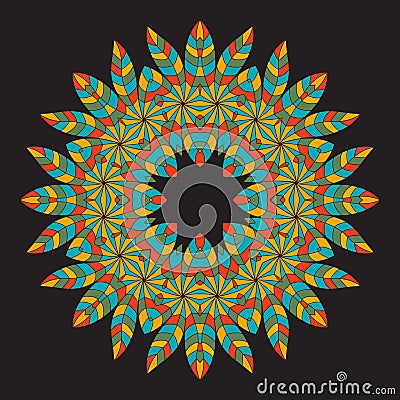 Colorful ethnicity round ornament on the black background . Circ Cartoon Illustration