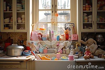 Colorful european kitchen full toys. Generate Ai Stock Photo