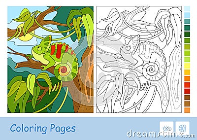 Colorful example of chameleon sitting on the branch in a rainforest and colorless vector contour image on white. Vector Illustration
