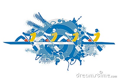 Team of four rowers, grunge stylized.. Vector Illustration