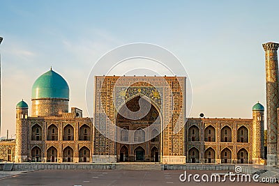 Colorful exterior of tilya-kori madrasah, Samarkand Registan. Stock Photo
