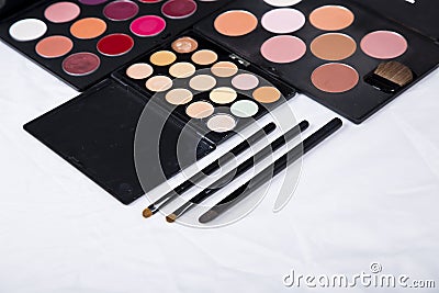 Colorful eyeshadow palette and blush for make-up closeup Stock Photo