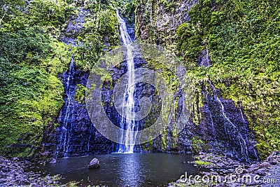 Colorful Faarumai Waterfalls Mountain Tahiti Island Stock Photo