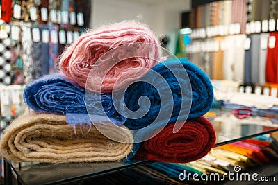 Colorful fabric closeup, textile store, nobody Stock Photo