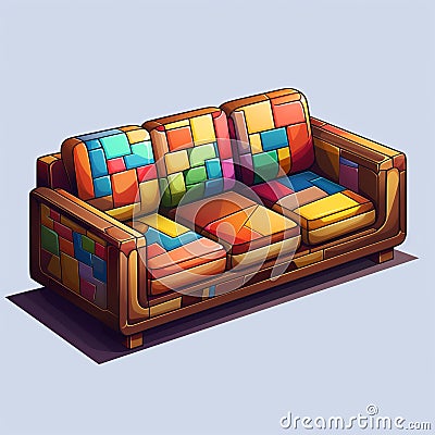 Colorful Cartoon Style Sofa With Retro Feel And Detailed Shading Stock Photo