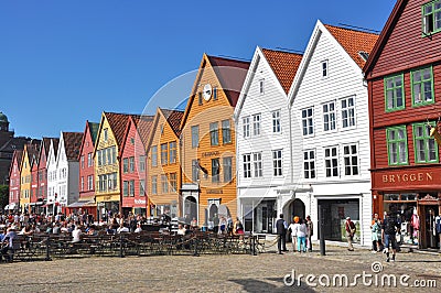 Colorful facades of Bergen's landmark, Bryggen - Norway Editorial Stock Photo