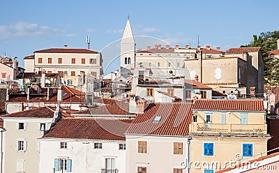 Colorful facades of Piran town Editorial Stock Photo