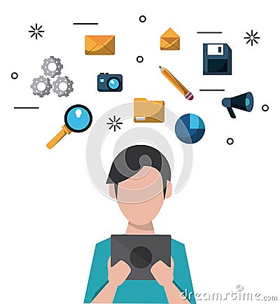 Colorful faceless half body man with tablet device and social media and related icons on top Vector Illustration