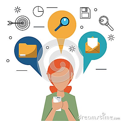 Colorful faceless half body woman with smartphone and speech bubbles on top with icons of office elements Vector Illustration