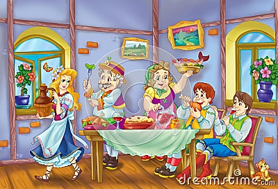 Family dinner classic fairytale scene Cartoon Illustration