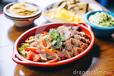 colorful fajita platter with sizzling beef, peppers, and onions Stock Photo