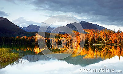 Colorful Fall Scenery, Reflection at Lake, Landscape Sunset Stock Photo