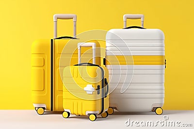 Colorful family suitcases for parents and child ready for vacation on bright yellow background Stock Photo